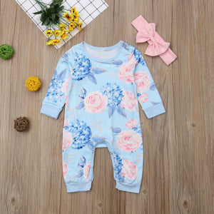 Blue Floral Onesie Headband Outfit