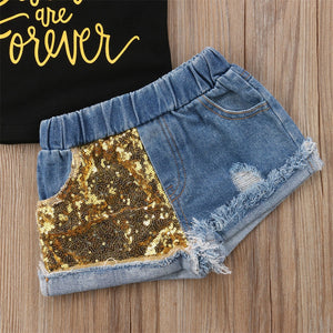Sisters Forever Sequin T-Shirt Denim Shorts Outfit