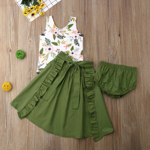 Floral Top with Olive Green Shorts & Ruffled Maxi Skirt Set