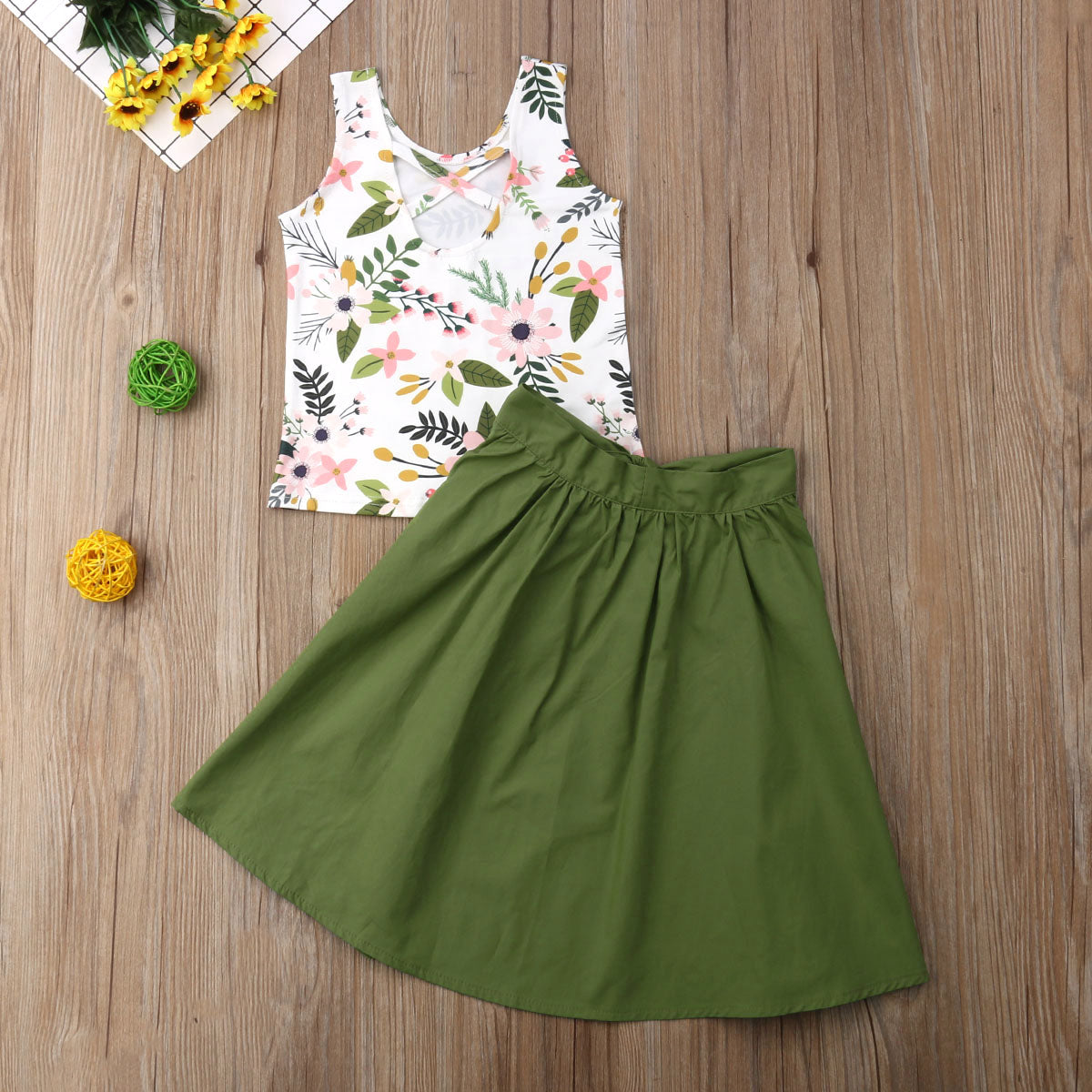 Floral Top with Olive Green Shorts Ruffled Maxi Skirt Set