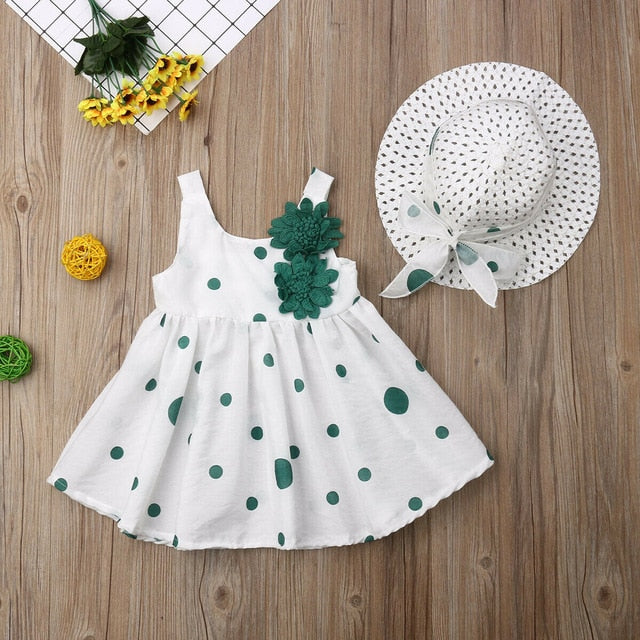 Moonbun Polka Dot Floral Sleeveless Dress Sunhat Outfit (2 Colors), Green(Size 2T) Moonbun Polka Dot Floral Sleeveless Dress Sunhat Outfit (2 Colors), Green(Size 2T)