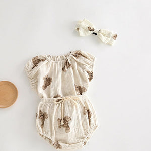 Bear Print Toddler with Headband 3 Pcs Suits