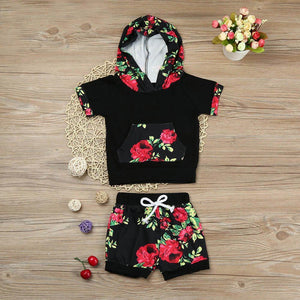 Black Floral Short Sleeved Hoodie And Shorts