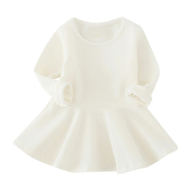 Moonbun Long-Sleeve Pleated Cotton Dress, White(Size 3T) Moonbun Long-Sleeve Pleated Cotton Dress, White(Size 3T)