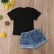 Sisters Forever Sequin T-Shirt Denim Shorts Outfit